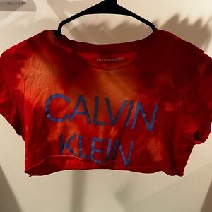 Calvin Klein Jeans Red and Orange Top Tie-Dye Cropped Tshirt Size Small